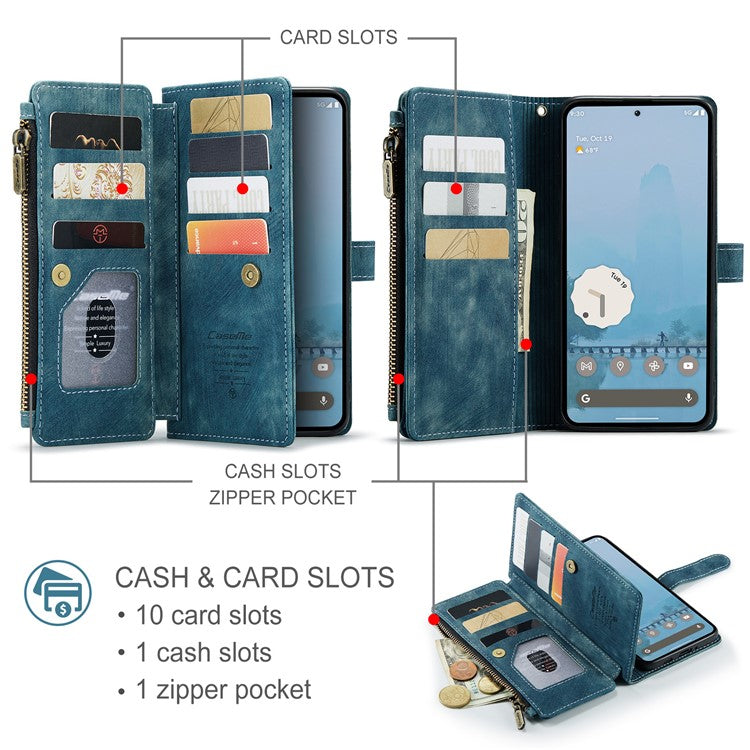 CASEME C30 Series for Google Pixel 9 Pro XL Case Leather Phone Cover with 10 Card Holder Zipper Pocket - Blue