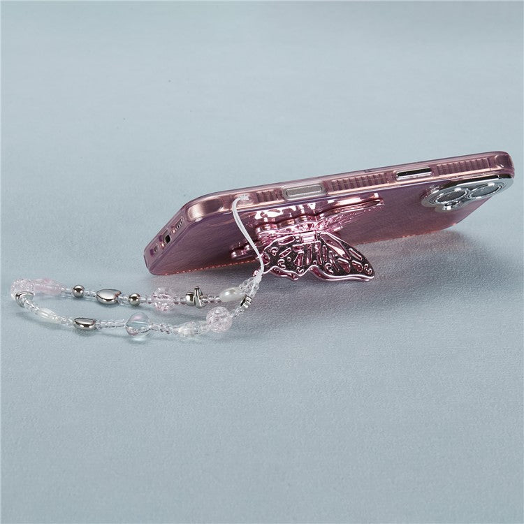 For iPhone 16 Case Butterfly Kickstand PC+TPU IMD Phone Cover with Lens Film / Beaded Strap - Wrinkle Pattern / Pink