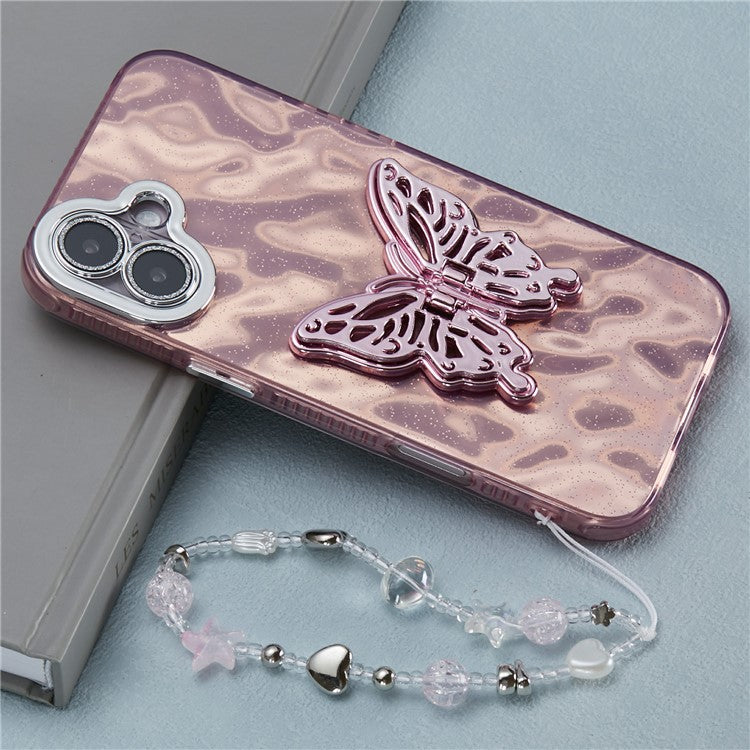 For iPhone 16 Case Butterfly Kickstand PC+TPU IMD Phone Cover with Lens Film / Beaded Strap - Wrinkle Pattern / Pink