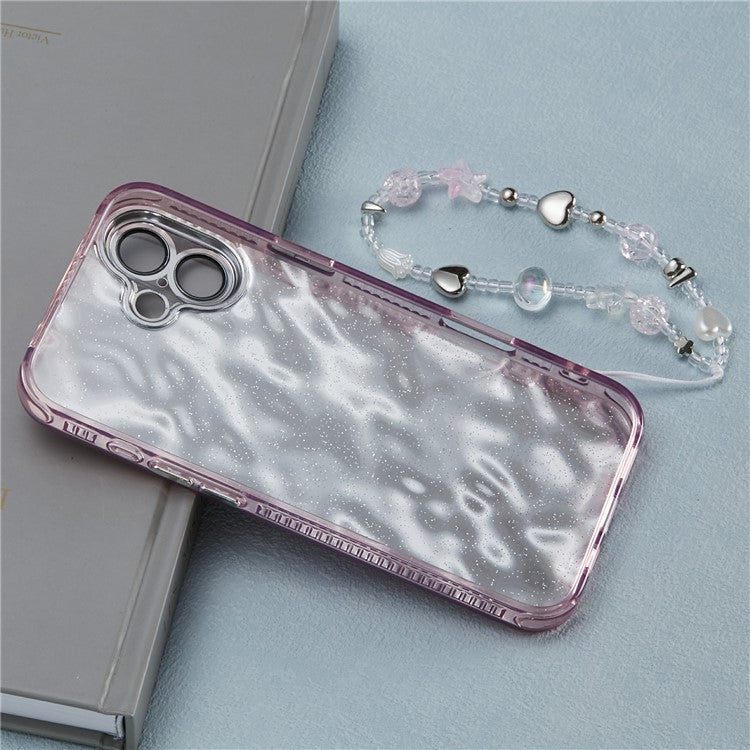 For iPhone 16 Case Butterfly Kickstand PC+TPU IMD Phone Cover with Lens Film / Beaded Strap - Wrinkle Pattern / Pink