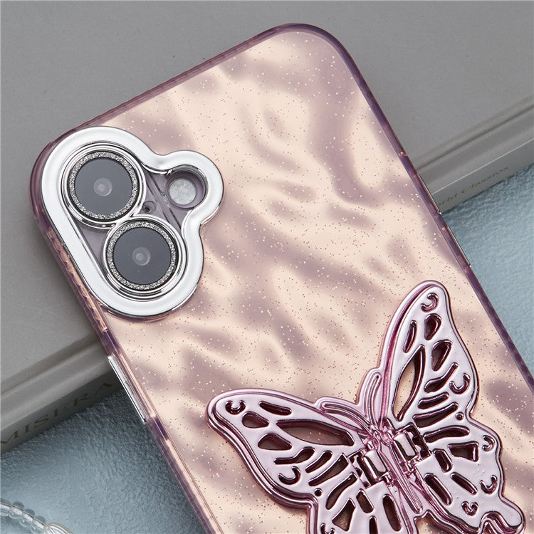 For iPhone 16 Case Butterfly Kickstand PC+TPU IMD Phone Cover with Lens Film / Beaded Strap - Wrinkle Pattern / Pink