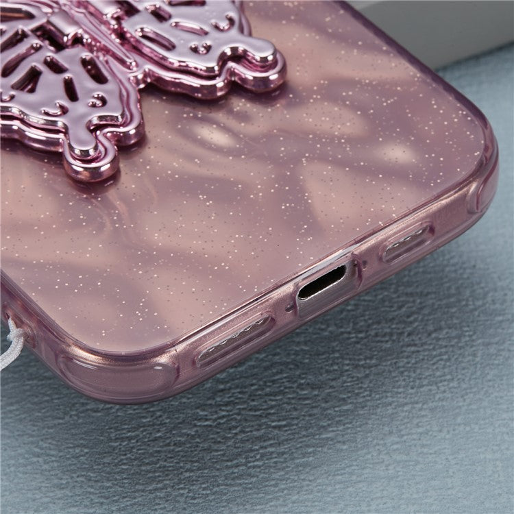 For iPhone 16 Case Butterfly Kickstand PC+TPU IMD Phone Cover with Lens Film / Beaded Strap - Wrinkle Pattern / Pink