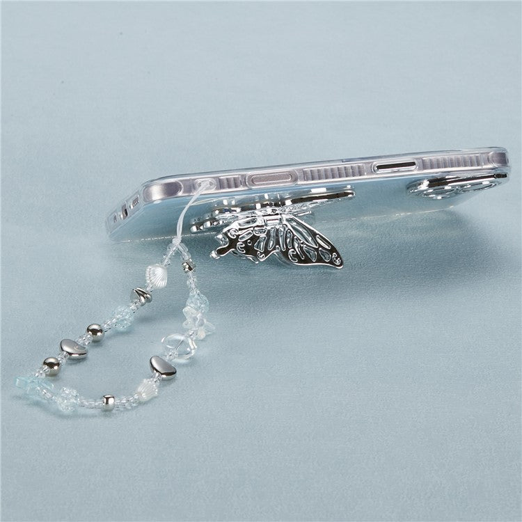 For iPhone 16 Case Butterfly Kickstand PC+TPU IMD Phone Cover with Lens Film / Beaded Strap - Wrinkle Pattern / Silver