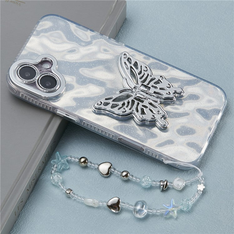 For iPhone 16 Case Butterfly Kickstand PC+TPU IMD Phone Cover with Lens Film / Beaded Strap - Wrinkle Pattern / Silver