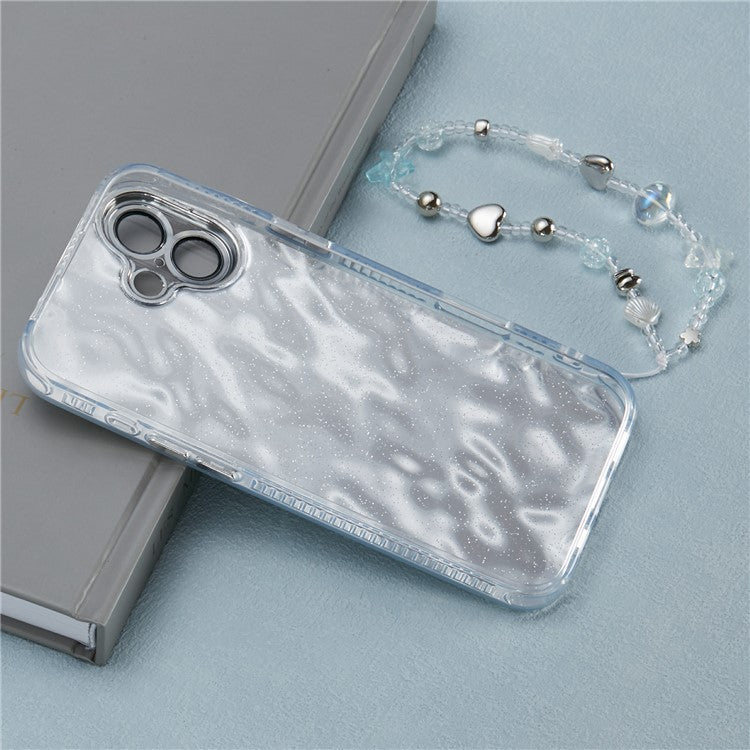 For iPhone 16 Case Butterfly Kickstand PC+TPU IMD Phone Cover with Lens Film / Beaded Strap - Wrinkle Pattern / Silver