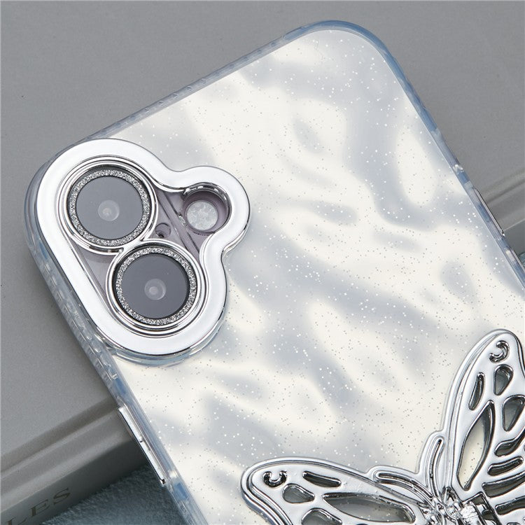 For iPhone 16 Case Butterfly Kickstand PC+TPU IMD Phone Cover with Lens Film / Beaded Strap - Wrinkle Pattern / Silver