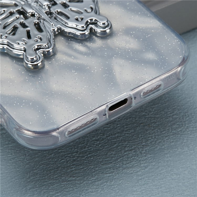 For iPhone 16 Case Butterfly Kickstand PC+TPU IMD Phone Cover with Lens Film / Beaded Strap - Wrinkle Pattern / Silver