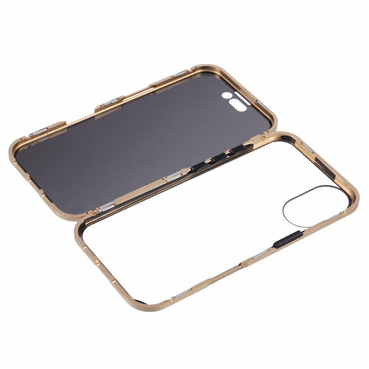 For iPhone 16 Anti-Spy Case Magnetic Metal Frame + Double-Sided Tempered Glass Phone Cover - Gold