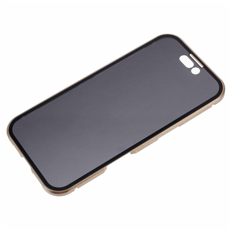 For iPhone 16 Anti-Spy Case Magnetic Metal Frame + Double-Sided Tempered Glass Phone Cover - Gold