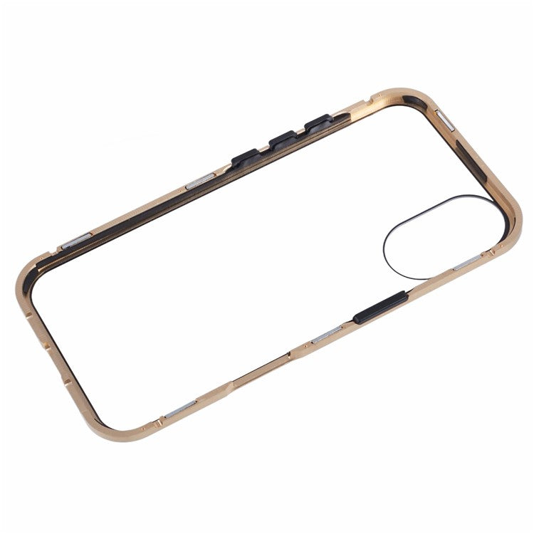 For iPhone 16 Anti-Spy Case Magnetic Metal Frame + Double-Sided Tempered Glass Phone Cover - Gold