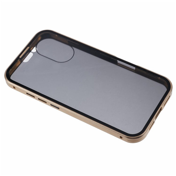 For iPhone 16 Anti-Spy Case Magnetic Metal Frame + Double-Sided Tempered Glass Phone Cover - Gold