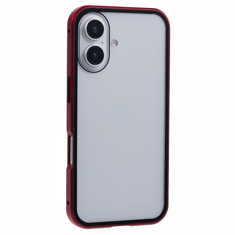 For iPhone 16 Anti-Spy Case Magnetic Metal Frame + Double-Sided Tempered Glass Phone Cover - Red