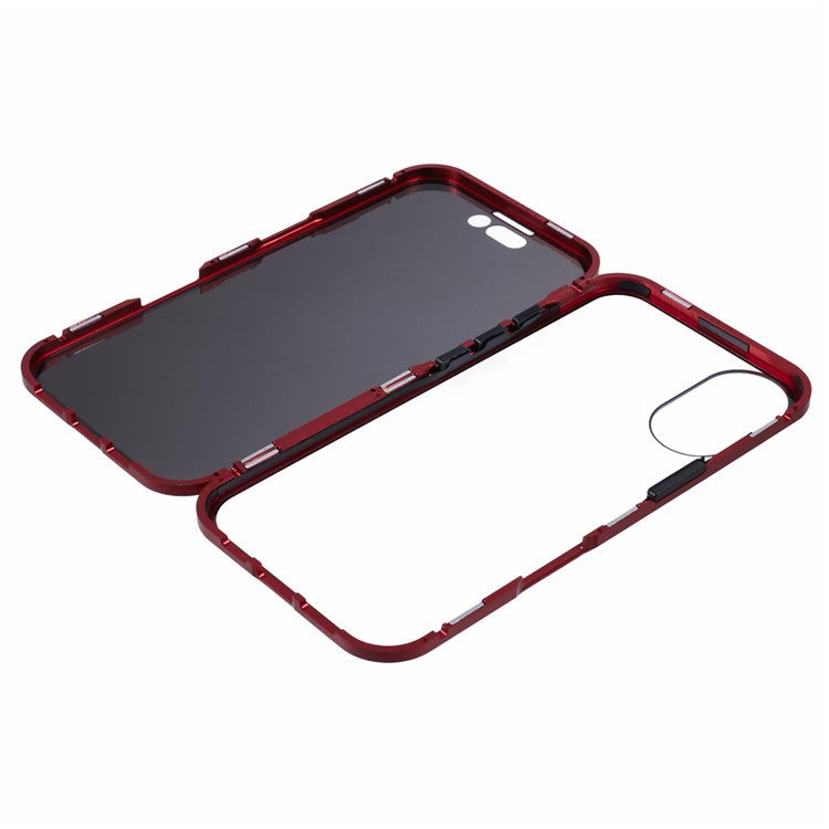 For iPhone 16 Anti-Spy Case Magnetic Metal Frame + Double-Sided Tempered Glass Phone Cover - Red