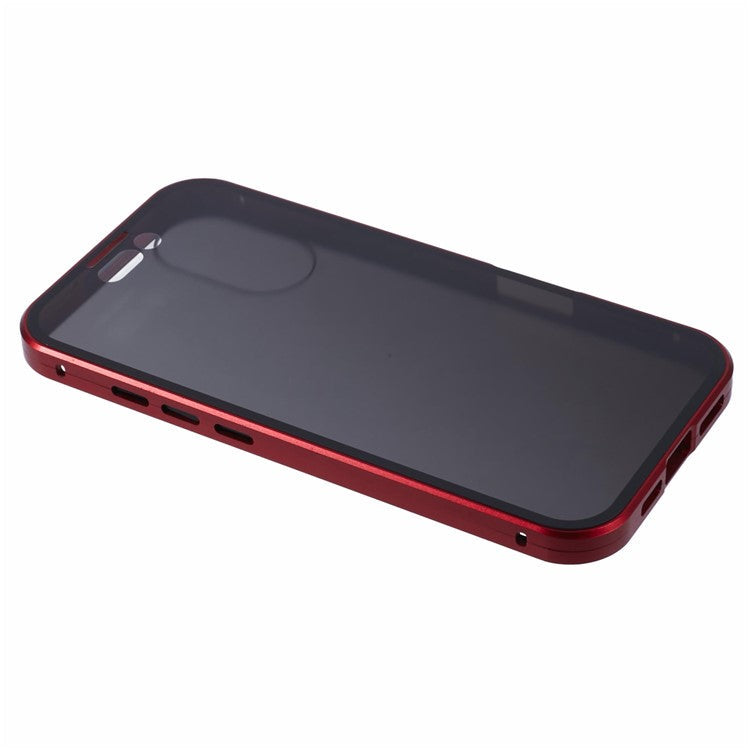 For iPhone 16 Anti-Spy Case Magnetic Metal Frame + Double-Sided Tempered Glass Phone Cover - Red