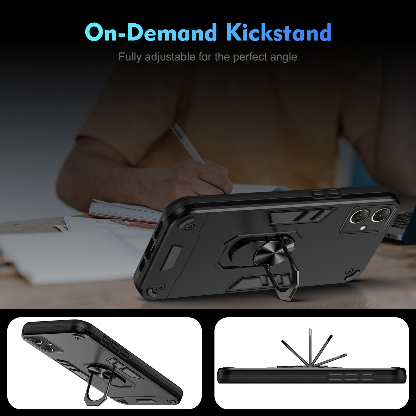 For Samsung Galaxy A06 Case PC+TPU Drop Defend Phone Cover with Ring Kickstand - Black