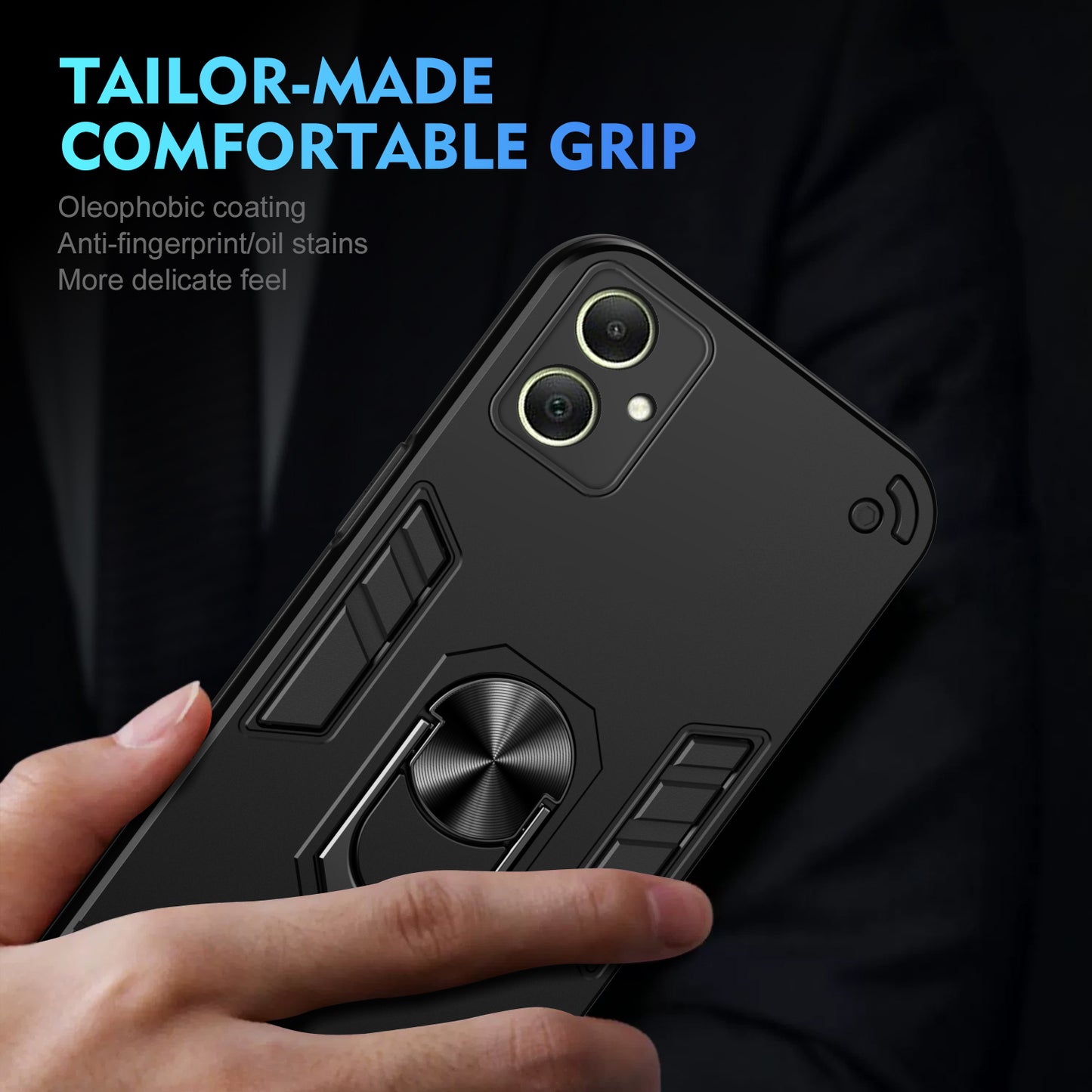 For Samsung Galaxy A06 Case PC+TPU Drop Defend Phone Cover with Ring Kickstand - Black