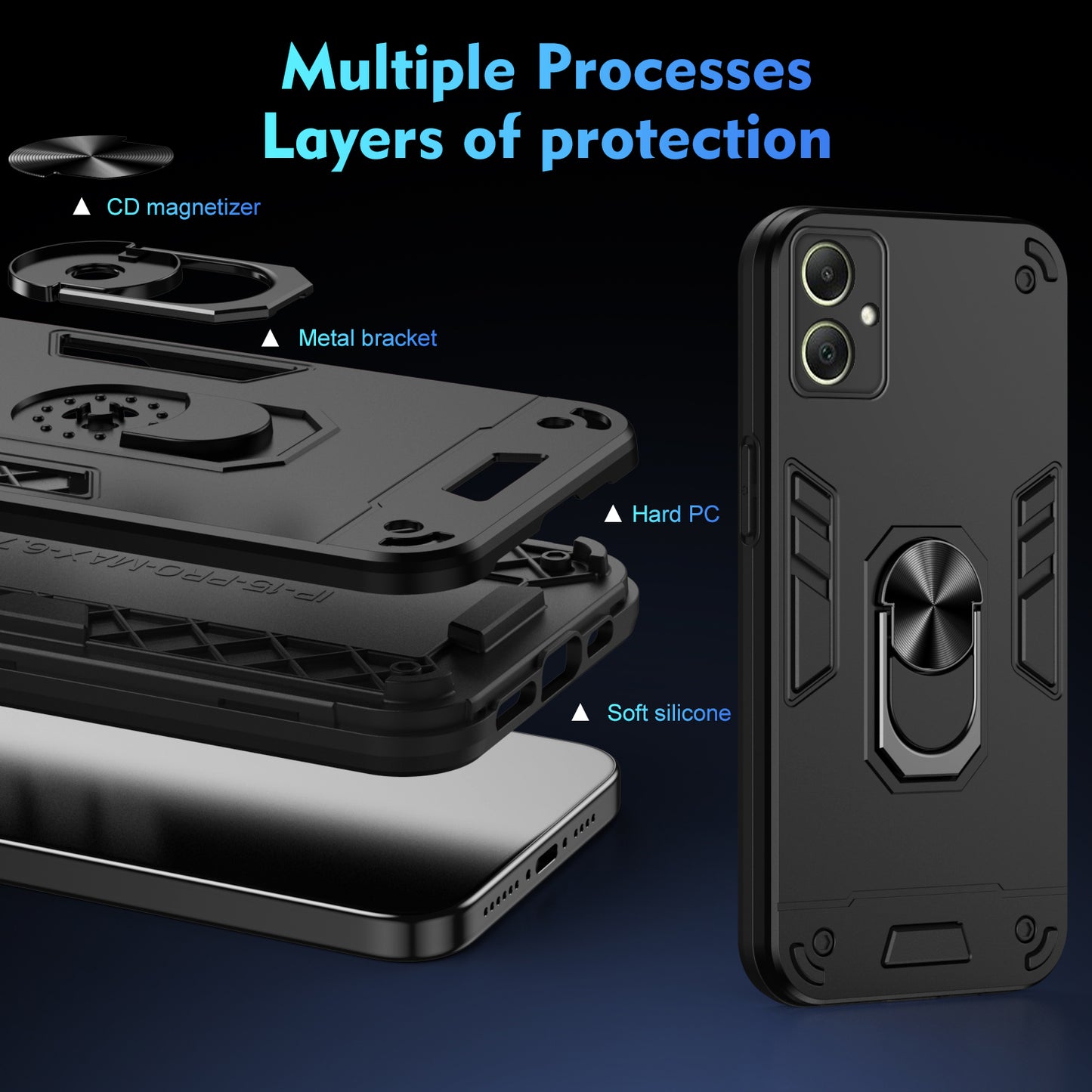 For Samsung Galaxy A06 Case PC+TPU Drop Defend Phone Cover with Ring Kickstand - Black