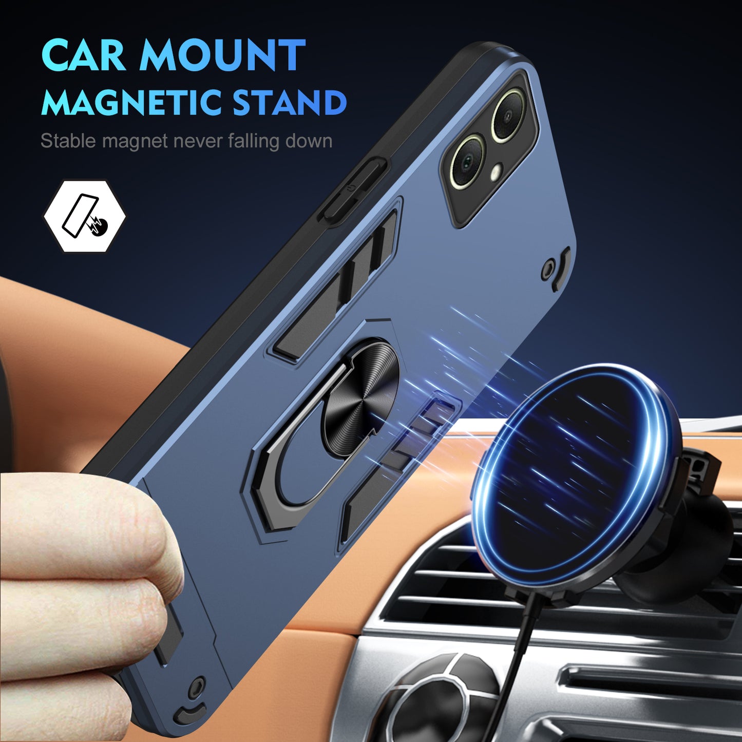 For Samsung Galaxy A06 Case PC+TPU Drop Defend Phone Cover with Ring Kickstand - Blue