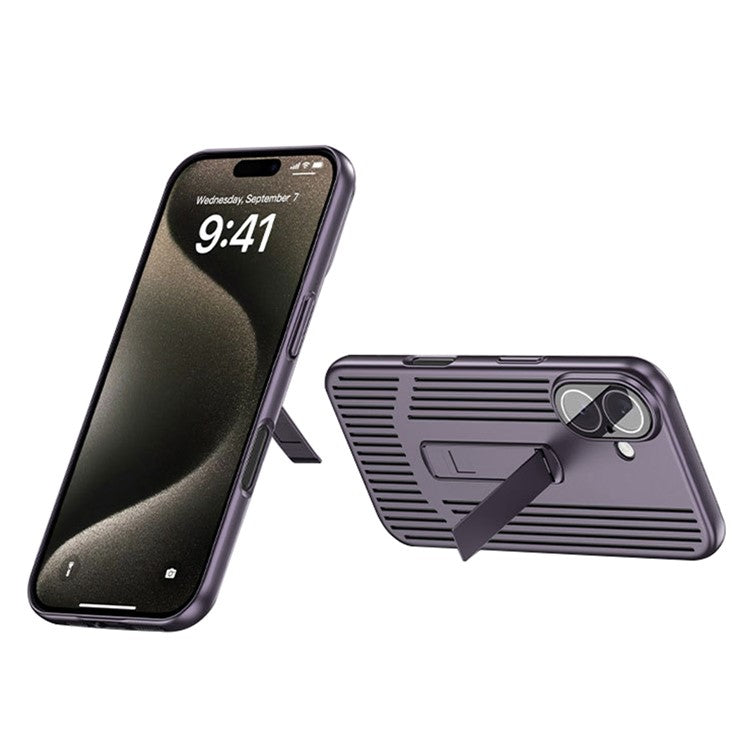For iPhone 16 Case Heat Dissipation Kickstand PC Phone Cover Built-In Glass Lens Film - Dark Purple