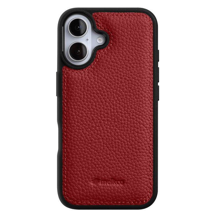 MELKCO For iPhone 16 Case Genuine Cow Leather Coated PC Phone Cover - Red