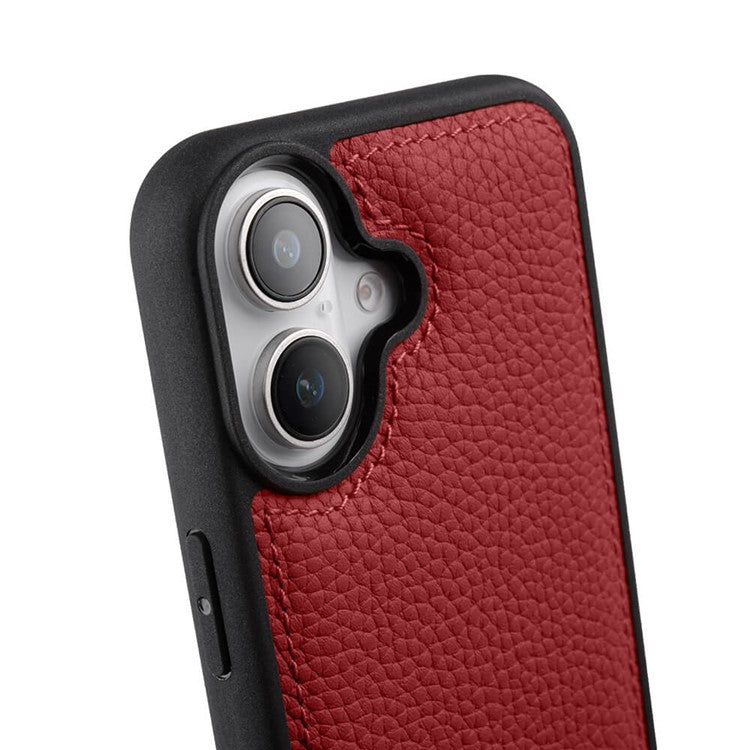 MELKCO For iPhone 16 Case Genuine Cow Leather Coated PC Phone Cover - Red