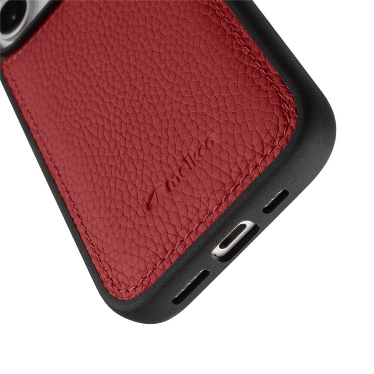 MELKCO For iPhone 16 Case Genuine Cow Leather Coated PC Phone Cover - Red