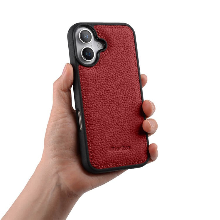 MELKCO For iPhone 16 Case Genuine Cow Leather Coated PC Phone Cover - Red