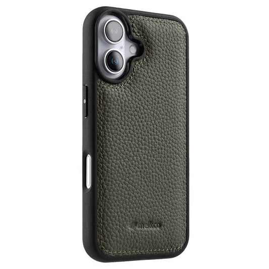MELKCO For iPhone 16 Plus Case Genuine Cow Leather Coated PC Phone Cover - Grey