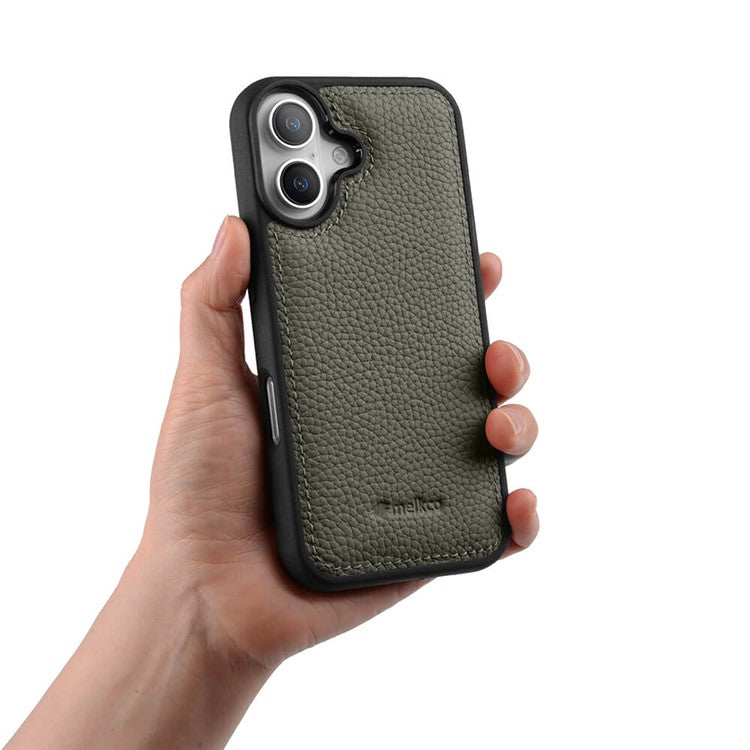 MELKCO For iPhone 16 Plus Case Genuine Cow Leather Coated PC Phone Cover - Grey