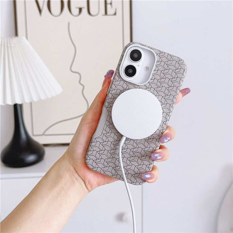 For iPhone 16 Case Compatible with MagSafe Anti-Drop PU+TPU Phone Cover Geometric Pattern - White
