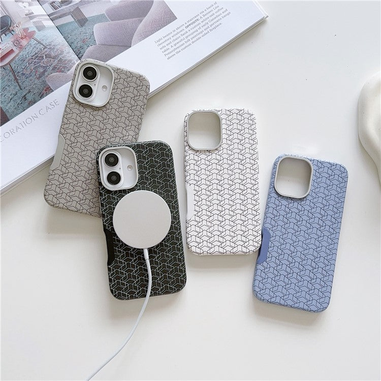 For iPhone 16 Case Compatible with MagSafe Anti-Drop PU+TPU Phone Cover Geometric Pattern - White