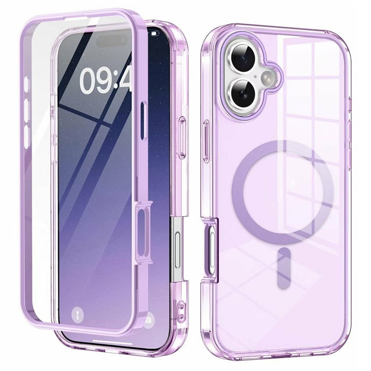 For iPhone 16 Clear Case Compatible with MagSafe PC+TPU Phone Cover Built-In PET Screen Film - Light Purple