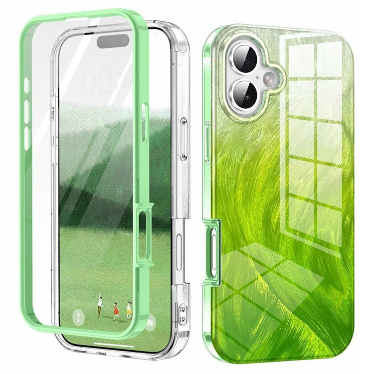 For iPhone 16 Case Gradient Feather Pattern PC+TPU Phone Cover Built-In PET Screen Film - Green