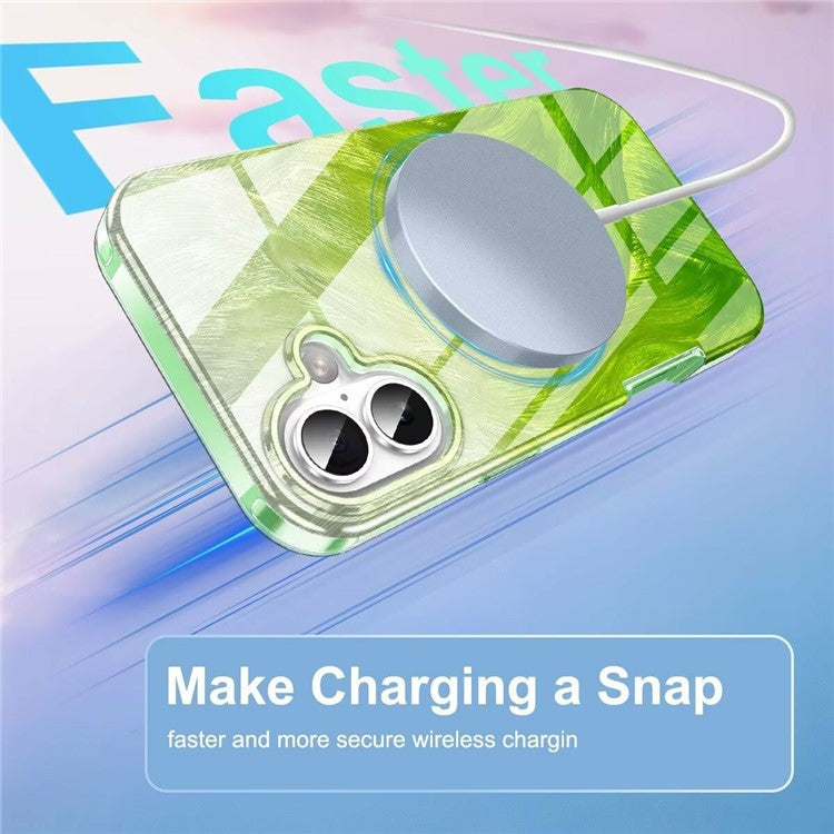 For iPhone 16 Case Gradient Feather Pattern PC+TPU Phone Cover Built-In PET Screen Film - Green