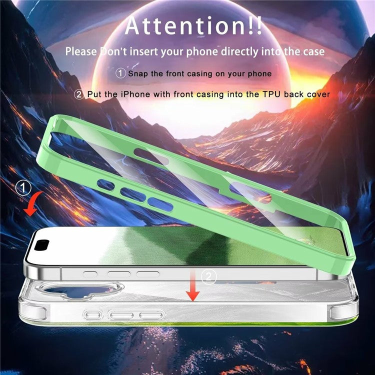 For iPhone 16 Case Gradient Feather Pattern PC+TPU Phone Cover Built-In PET Screen Film - Green