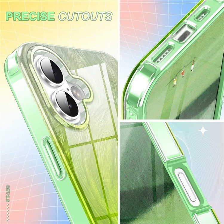For iPhone 16 Case Gradient Feather Pattern PC+TPU Phone Cover Built-In PET Screen Film - Green