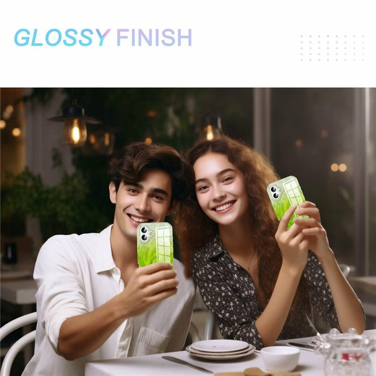 For iPhone 16 Case Gradient Feather Pattern PC+TPU Phone Cover Built-In PET Screen Film - Green