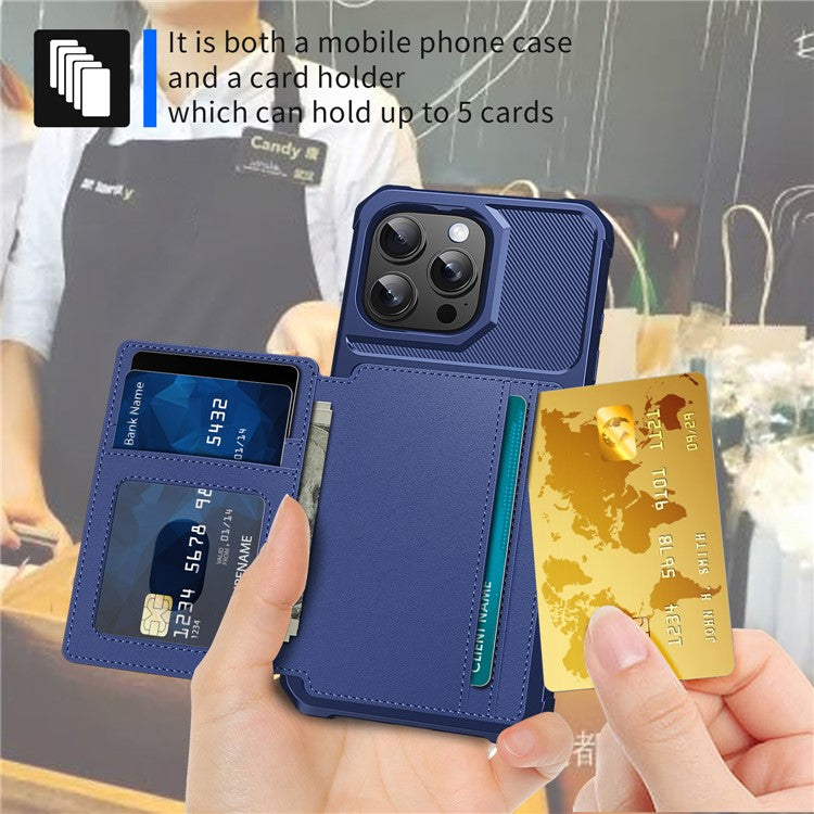 ZM03 For iPhone 16 Pro Case with Card Holder PU Leather+TPU Phone Back Cover - Blue