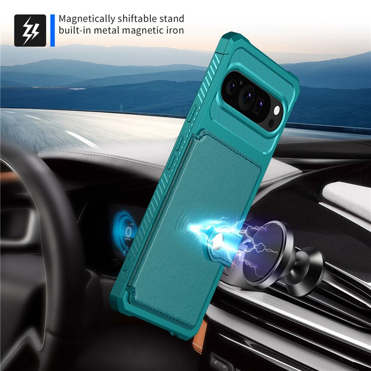 ZM03 For Google Pixel 9 Pro / 9 Case with Card Holder PU Leather+TPU Phone Back Cover - Green