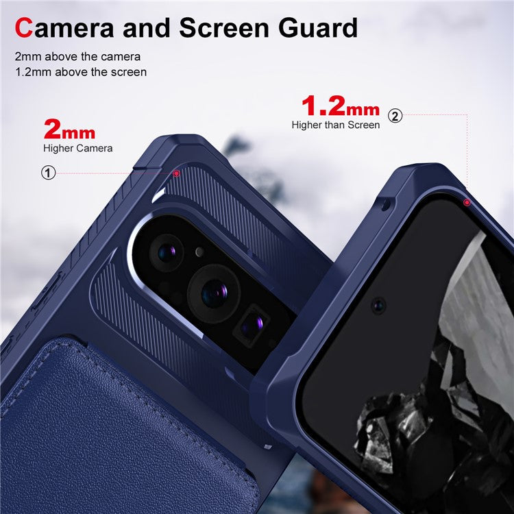 ZM11 For Google Pixel 9 Pro / 9 Case Card Slot Kickstand PU+TPU Phone Cover - Dark Blue