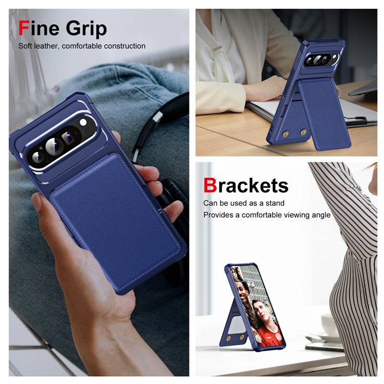 ZM11 For Google Pixel 9 Pro / 9 Case Card Slot Kickstand PU+TPU Phone Cover - Dark Blue