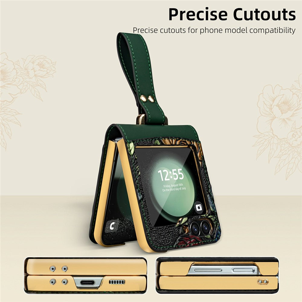 For Samsung Galaxy Z Flip7 FE 5G / Z Flip6 5G Kickstand Case Flower Pattern Leather+PC Phone Cover with Back Film - Black
