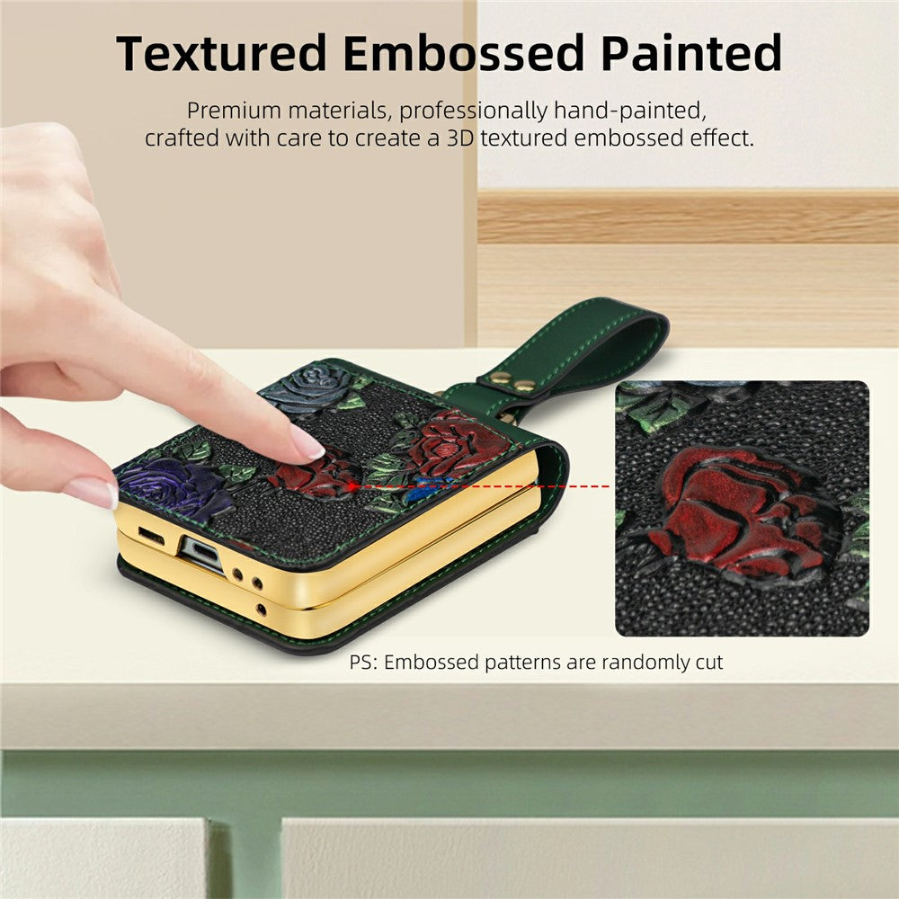 For Samsung Galaxy Z Flip7 FE 5G / Z Flip6 5G Kickstand Case Flower Pattern Leather+PC Phone Cover with Back Film - Black