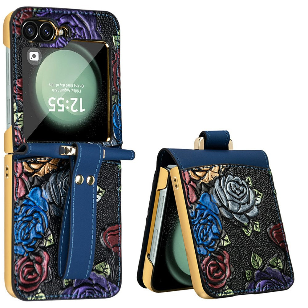 For Samsung Galaxy Z Flip7 FE 5G / Z Flip6 5G Kickstand Case Flower Pattern Leather+PC Phone Cover with Back Film - Blue