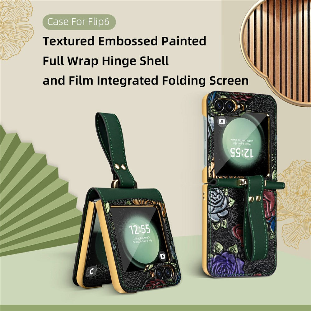 For Samsung Galaxy Z Flip7 FE 5G / Z Flip6 5G Kickstand Case Flower Pattern Leather+PC Phone Cover with Back Film - Green