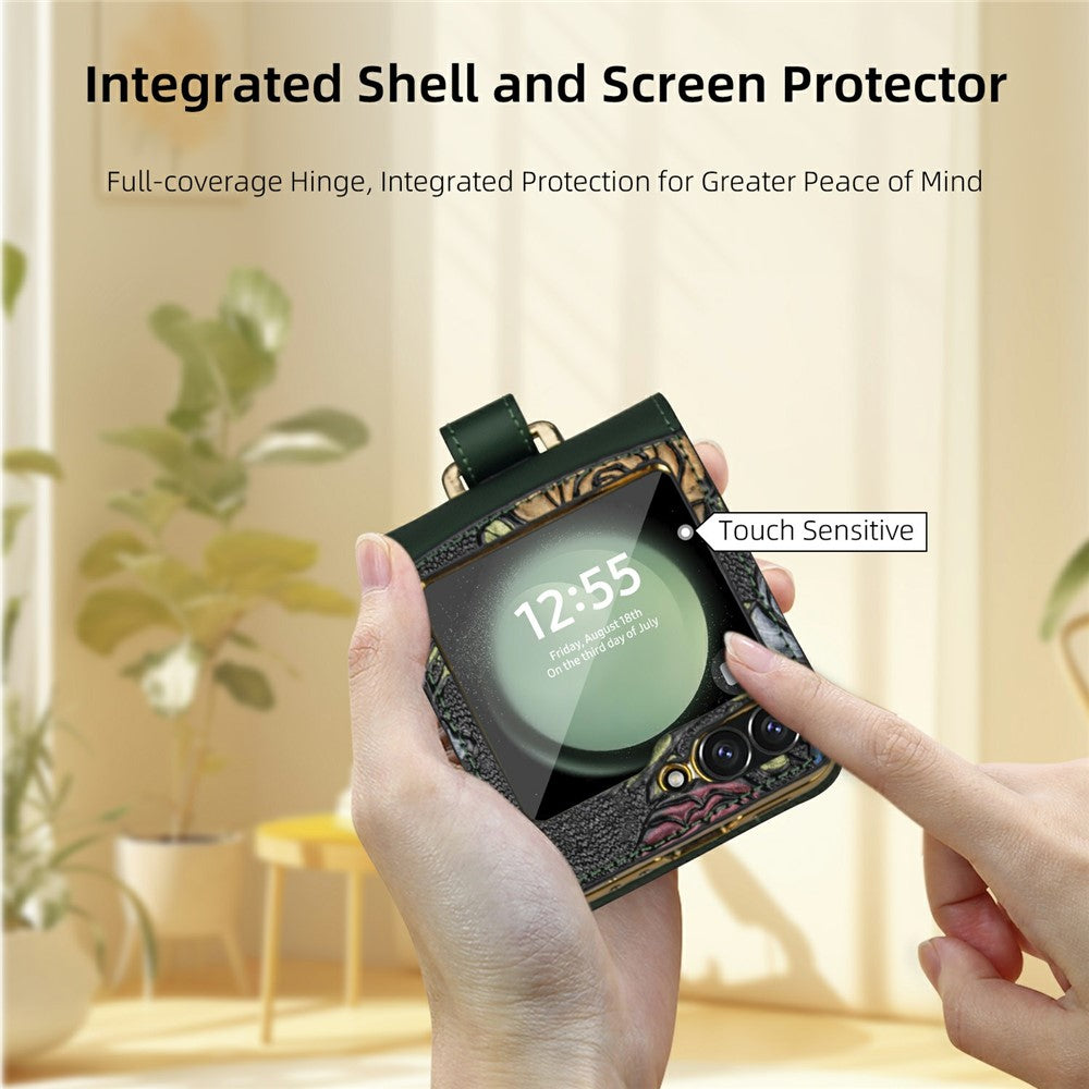 For Samsung Galaxy Z Flip7 FE 5G / Z Flip6 5G Kickstand Case Flower Pattern Leather+PC Phone Cover with Back Film - Green