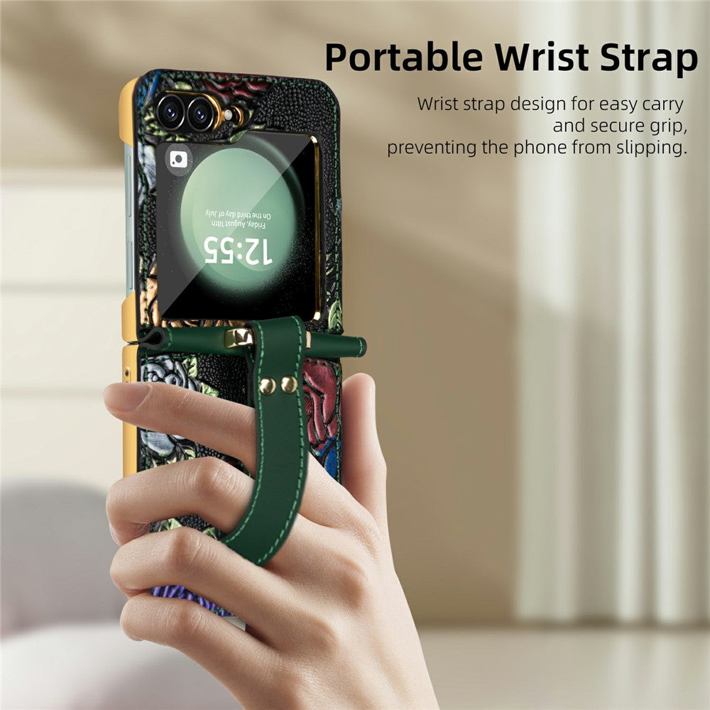 For Samsung Galaxy Z Flip7 FE 5G / Z Flip6 5G Kickstand Case Flower Pattern Leather+PC Phone Cover with Back Film - Green