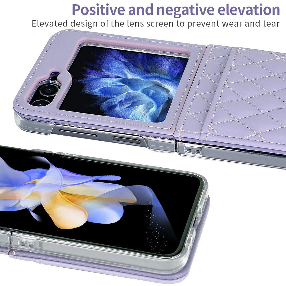For Samsung Galaxy Z Flip7 FE 5G / Z Flip6 5G Case with Strap Card Slot PU+PC Phone Back Cover - Purple
