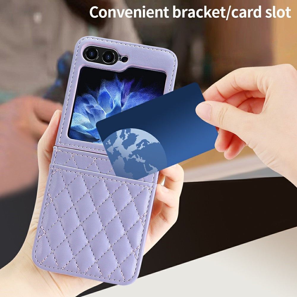 For Samsung Galaxy Z Flip7 FE 5G / Z Flip6 5G Case with Strap Card Slot PU+PC Phone Back Cover - Purple