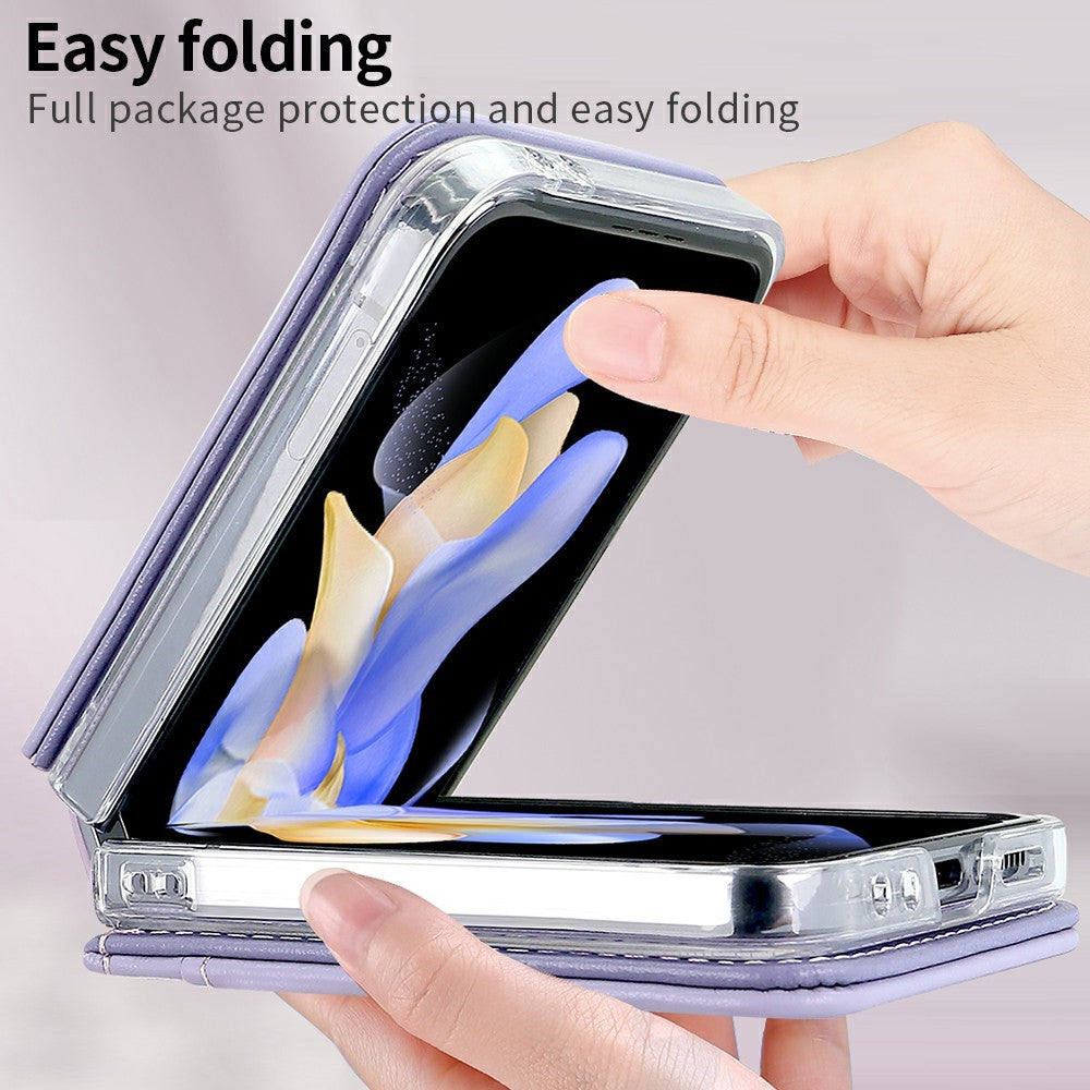 For Samsung Galaxy Z Flip7 FE 5G / Z Flip6 5G Case with Strap Card Slot PU+PC Phone Back Cover - Purple